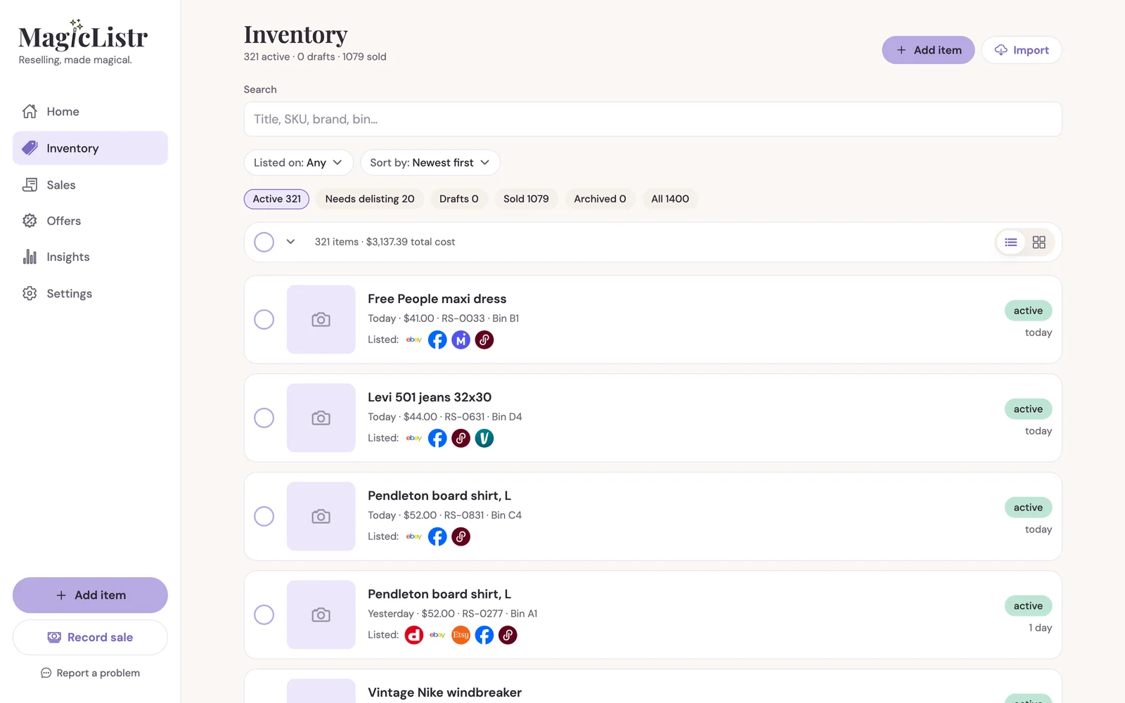 MagicListr's inventory in a web browser with three items being selected and a Crosslist button