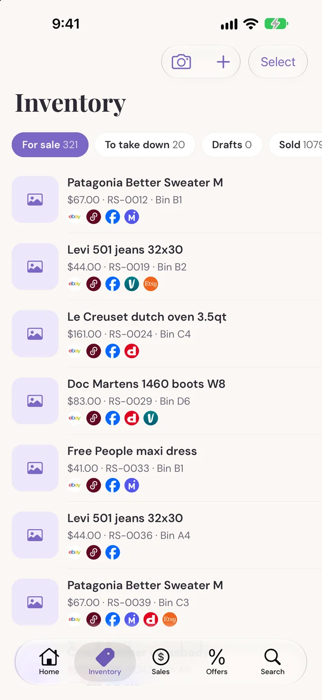 MagicListr inventory on iPhone, each item showing the store badges it's listed on