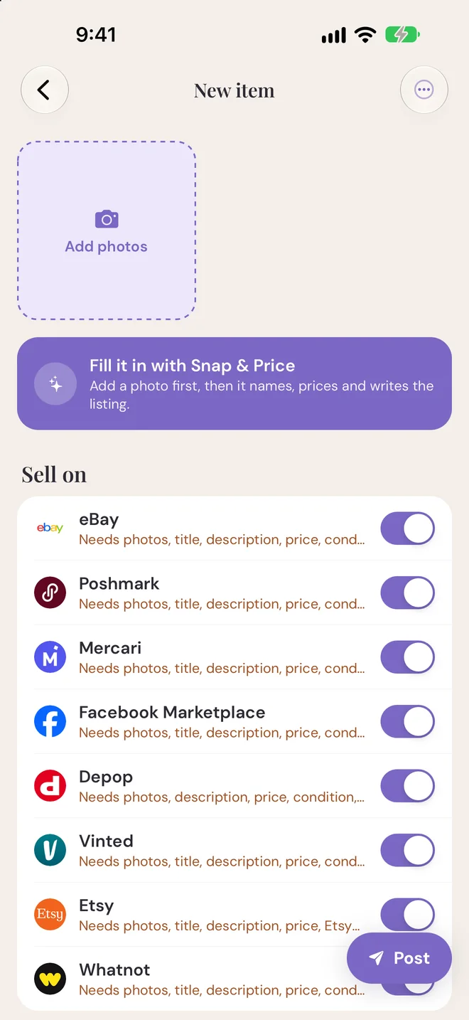 MagicListr's New item screen with switches to sell on eBay, Poshmark, Mercari, Facebook Marketplace, Depop, Vinted, Etsy and Whatnot