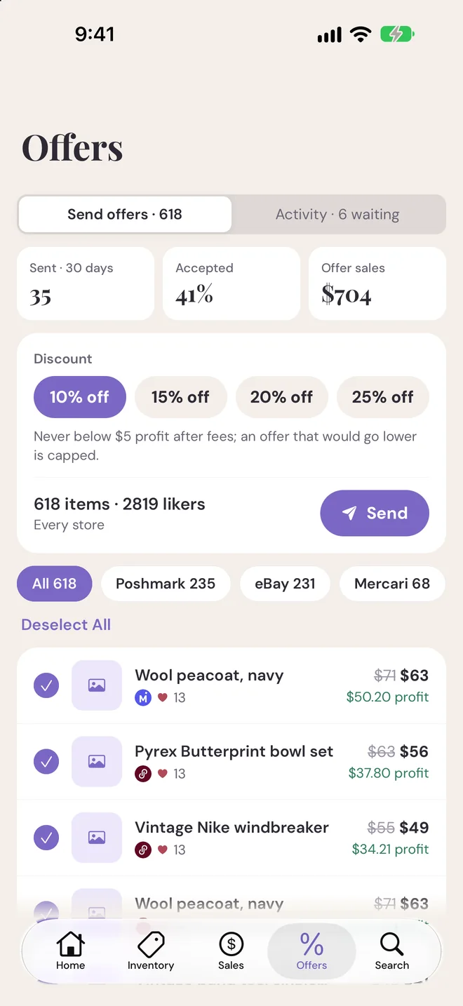 MagicListr's Offers screen: send a 10% offer to 618 items and 2,819 likers across every store